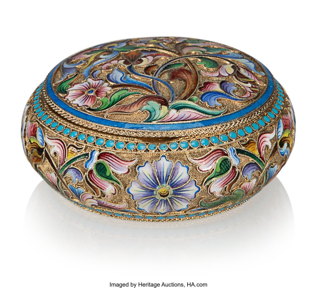 A Russian Cloisonné Enameled Gilt Silver Pill B: A Russian Cloisonné Enameled Gilt Silver Pill Box Maria Semenova, Moscow, 1899-1908 1-3/8 x 3 inches (3.5 x 7.6 cm) 114 grams (3.6652 troy ou