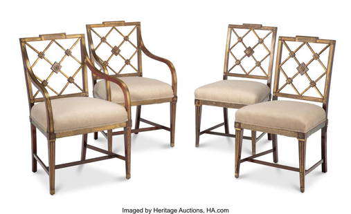 82052: A Set of Four Russian Imperial Brass-Mounted Mah: A Set of Four Russian Imperial Brass-Mounted Mahogany Chairs Christian Meyer (Attr.) Otto & Meyer, St. Petersburg, circa 1800, two with inventory marks of