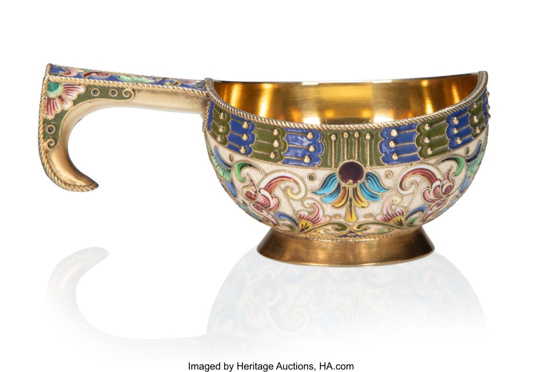 A Russian Cloisonné Enameled Gilt Silver Kovshc (1 of 4)