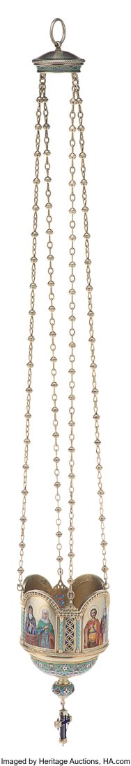 A Grachev Plique-à-Jour, Cloisonné, and Champl: A Grachev Plique-à-Jour, Cloisonné, and Champlevé Enameled Gilt Silver Icon Lamp or Lampada Grachev, Workmaster's marks in Cyrillic AP, St. Petersbu