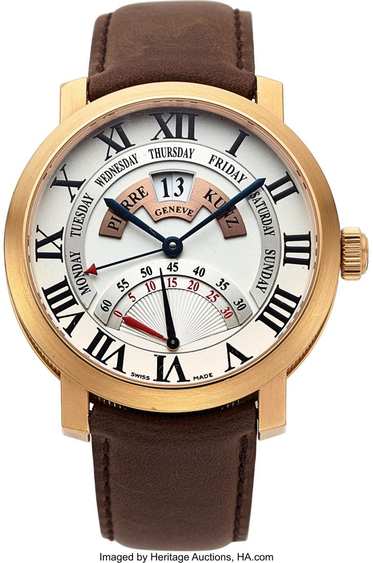 Pierre Kunz, 18k Pink Gold "Spirit of Challenge: Pierre Kunz, 18k Pink Gold "Spirit of Challenge Double Retrograde" Circa 2000's Box and Papers Case: 44 mm, 18k pink gold Dial: retrograde day, date, subsidiary sec