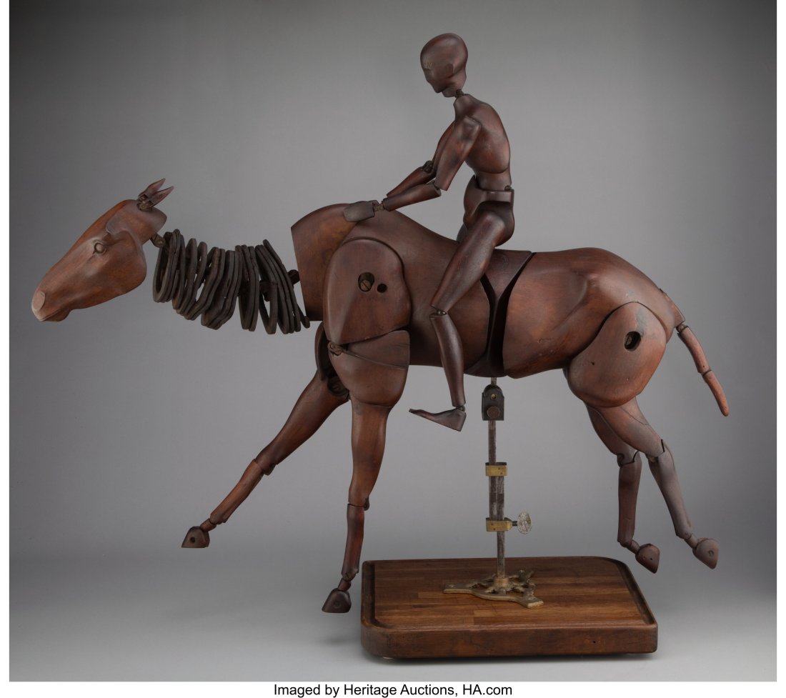 French School (19th Century) A rare articulated : French School (19th Century) A rare articulated walnut maquette of a horse and rider Wood, leather, and metal 30-1/2 x 31 x 10-1/2 inches (77.5 x 78.7 