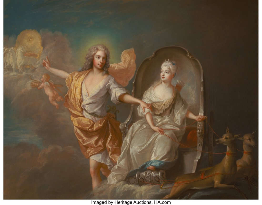 François de Troy (French, 1645-1730) and Worksh: François de Troy (French, 1645-1730) and Workshop Allegorical portrait of Apollo and Diana, circa 1720-1740 Oil on canvas 25-1/4 x 32 inches (64.1 x 81&per