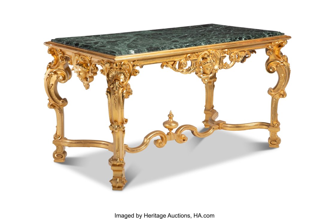 A William Kent-Style Carved Gilt Wood Table with: A William Kent-Style Carved Gilt Wood Table with Marble Top, late 19th-early 20th century 33 x 57-1/2 x 31-1/2 inches (83.8 x 146.1 x 80.0 cm) Property fro