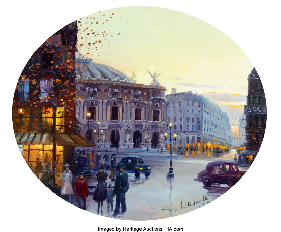 William A. Slaughter (American, 1923-2003) Place: William A. Slaughter (American, 1923-2003) Place de l'Opera, Paris, 1977 Oil on panel 24 x 28 inches (61.0 x 71.1 cm) (oval) Signed
