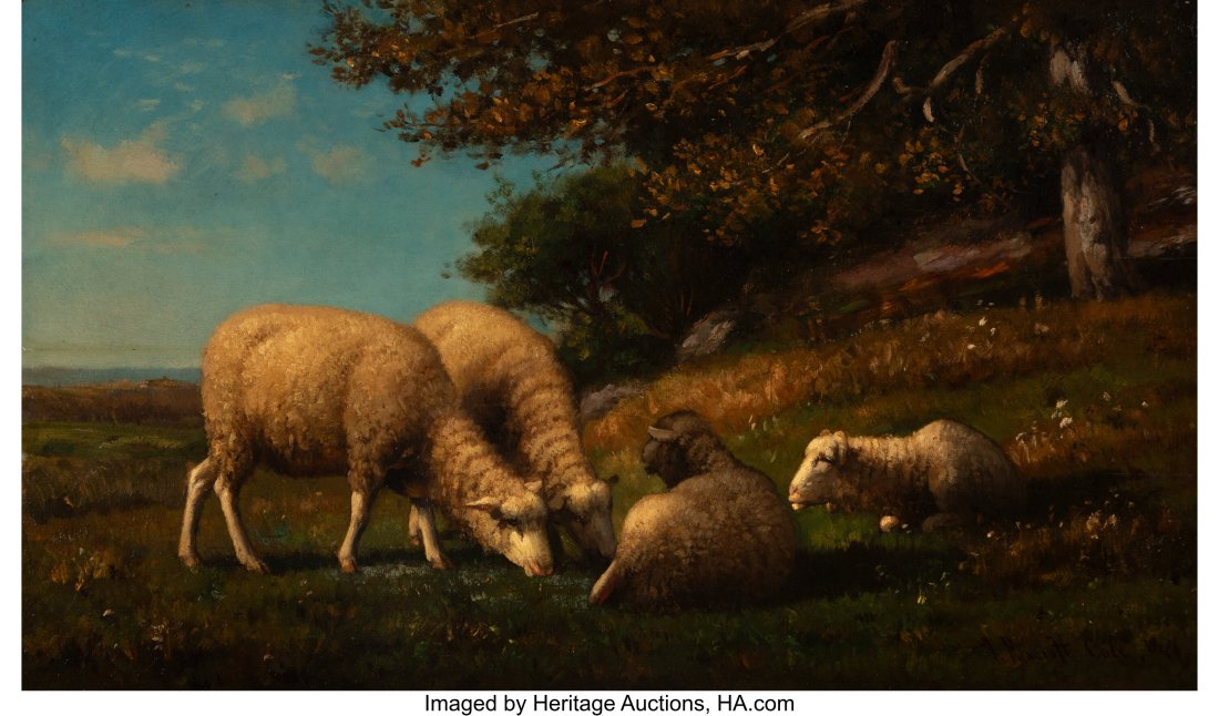 Joseph Foxcroft Cole (American, 1837-1892) Lands: Joseph Foxcroft Cole (American, 1837-1892) Landscape with sheep grazing and resting in a meadow, 1871 Oil on panel 12 x 20 inches (30.5 x 50.8 cm) Signed