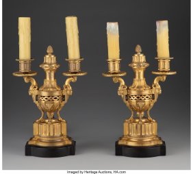 61141&colon; A Pair of Louis XVI-Style Two-Light Gilt Bronze 
