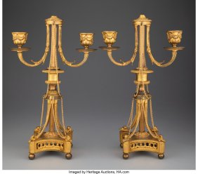 61153&colon; A Pair of Louis XVI-Style Gilt Bronze Two-Light 