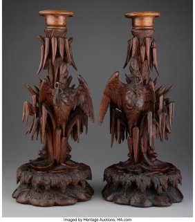61160&colon; A Pair of German Carved Wood Crane-Form Candle S