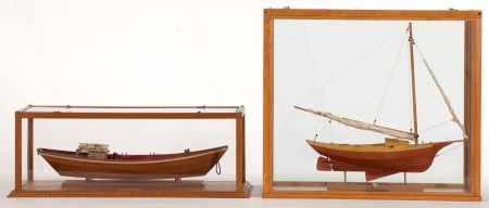 TWO SMALL MODELS OF FISHING VESSELS A lobster sm: TWO SMALL MODELS OF FISHING VESSELSA lobster smack and a Grand Banks Dory.Presented in