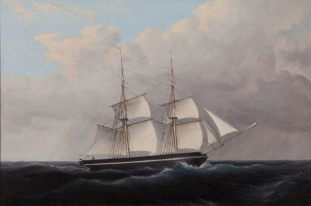 THOMAS BIRCH (American, 1779-1851) Brig Oil on c: THOMAS BIRCH (American, 1779-1851)BrigOil on canvas18 x 27 inches (45.7