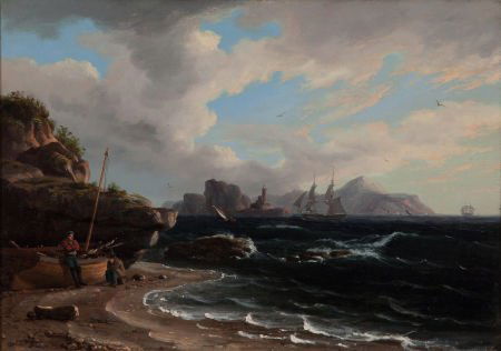 THOMAS BIRCH (American, 1779-1851) Figures with: THOMAS BIRCH (American, 1779-1851)Figures with Docked Boat at Shoreline, 1838