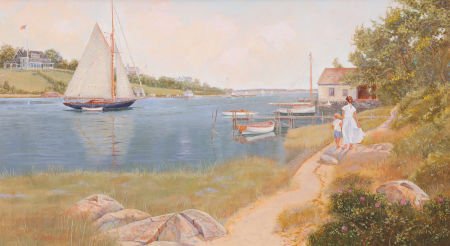 GERALD E. FELLOWS (American, 20th century) Dryin: GERALD E. FELLOWS (American, 20th century)Drying SailsOil on canvas18 x