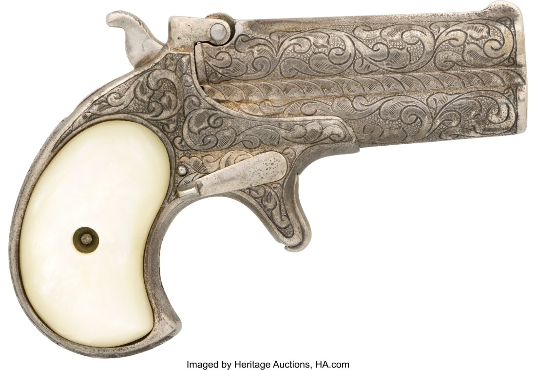 Custom Engraved Remington Over & Under Deringer.: Custom Engraved Remington Over & Under Deringer. Serial no. 522 [base of barrel], .41 caliber, 3-inch barrels with fixed front and rear sights. 