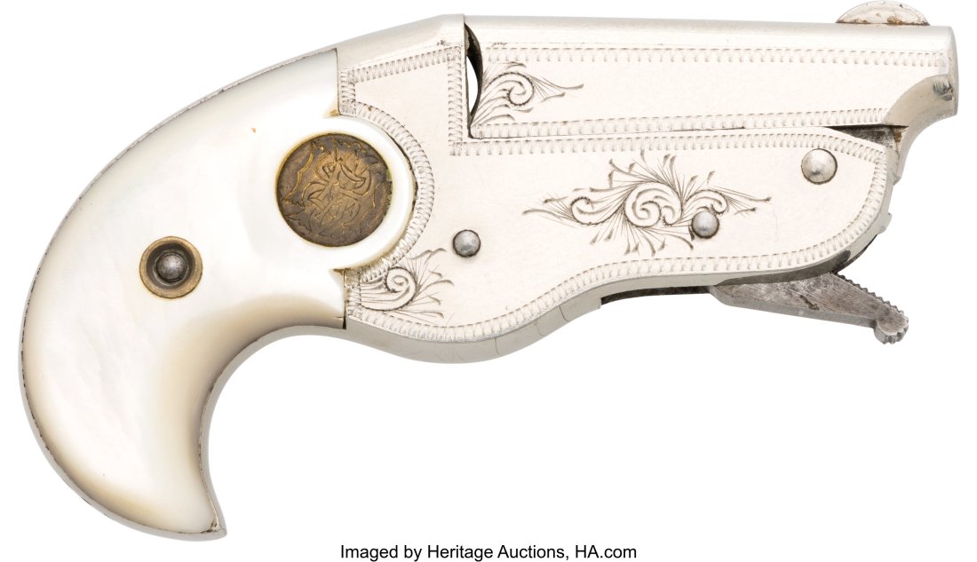 Scarce Hopkins & Allen Vest Pocket Derringer wit: Scarce Hopkins & Allen Vest Pocket Derringer with Pearl Grips. Serial no. 988, .22 short rimfire, 1 3/4-inch hinged barrel. Nickel-plated finish.