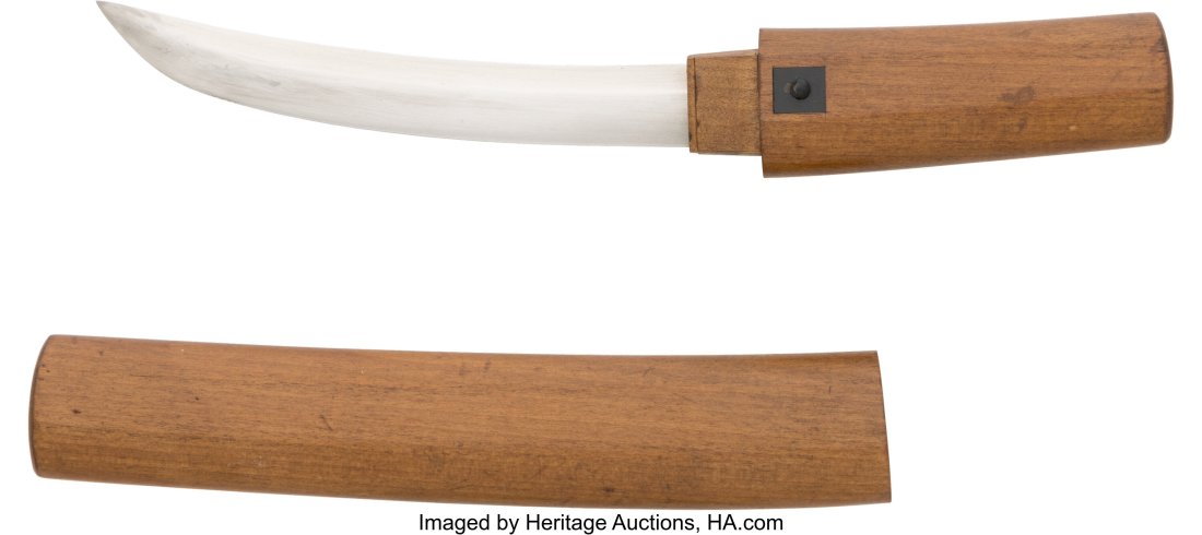 A Shin Shinto Meiji Japanese Samurai Sword Tanto: A Shin Shinto Meiji Japanese Samurai Sword Tanto In Shira Saya. The shinogi tsukuri blade with strong curve and good temper. The nakago is ubu with one mekugi ana. Wood habaki and