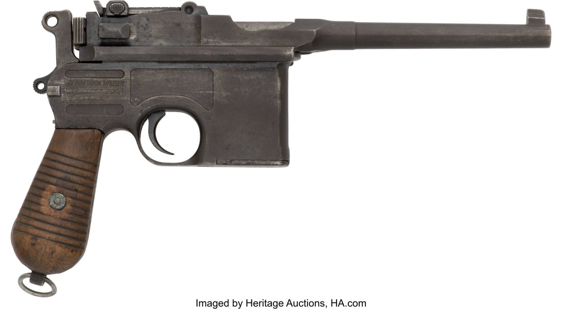 German Mauser C96 Broomhandle Semi-Automatic Pis: German Mauser C96 Broomhandle Semi-Automatic Pistol. Serial no. 898529, 7.65mm caliber, 5 1/2-inch barrel with fixed front sight and adjustable rear sight.