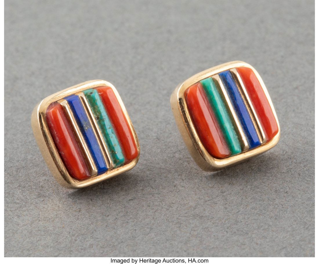 A Pair of Hopi Earrings Charles Loloma c. 1980: A Pair of Hopi Earrings Charles Loloma c. 1980 gold, turquoise, coral. lapis lazuli, each signed Loloma Provenance: Property from the Esther and Alan Saks Family