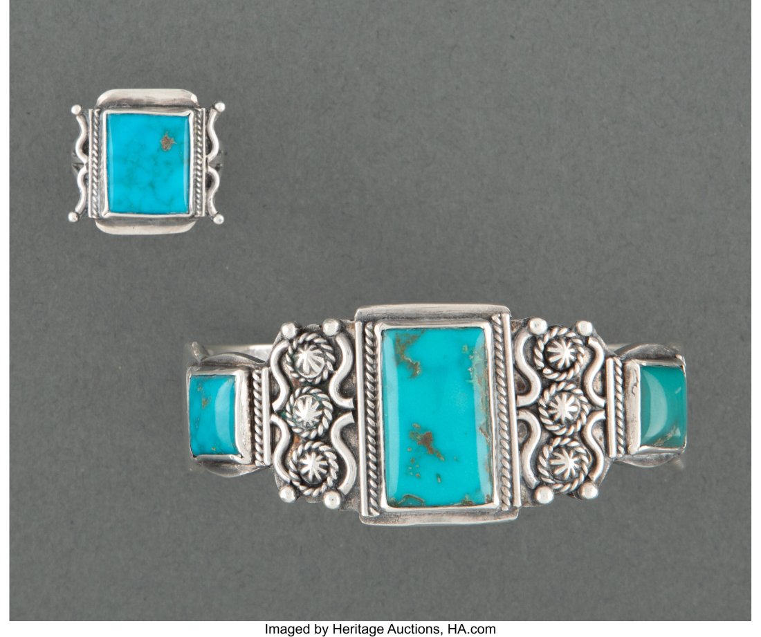 A Navajo Jewelry Suite Possibly Fred Peshlakai : A Navajo Jewelry Suite Possibly Fred Peshlakai c. 1945 including a bracelet and ring, silver, turquoise Dimensions: width of bracelet, 2 &frac12; inches; s
