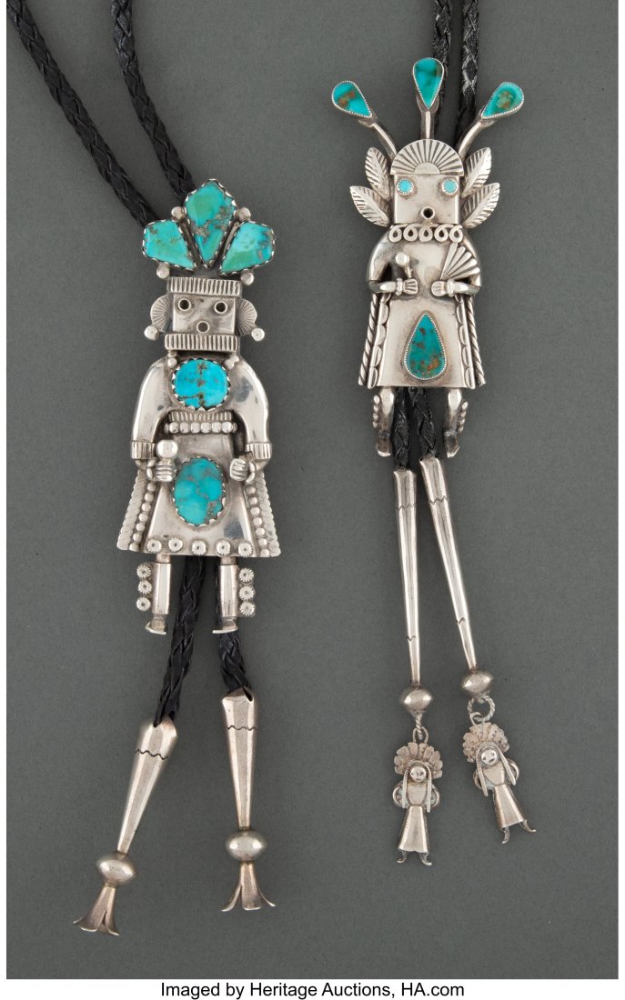 Two Navajo Bolo Ties   c. 1970  silver, turquois (1 of 2)