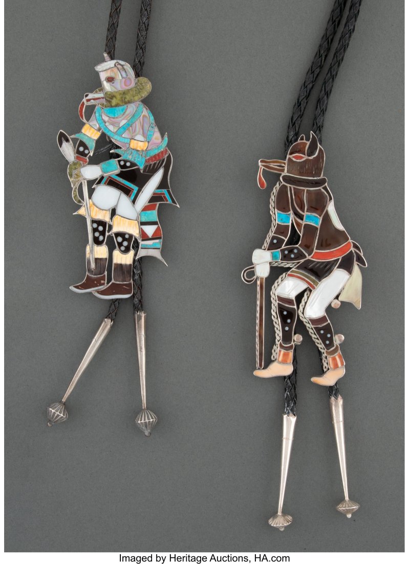 Two Zuni Bolo Ties   c. 1970  one inscribed Virg (1 of 3)