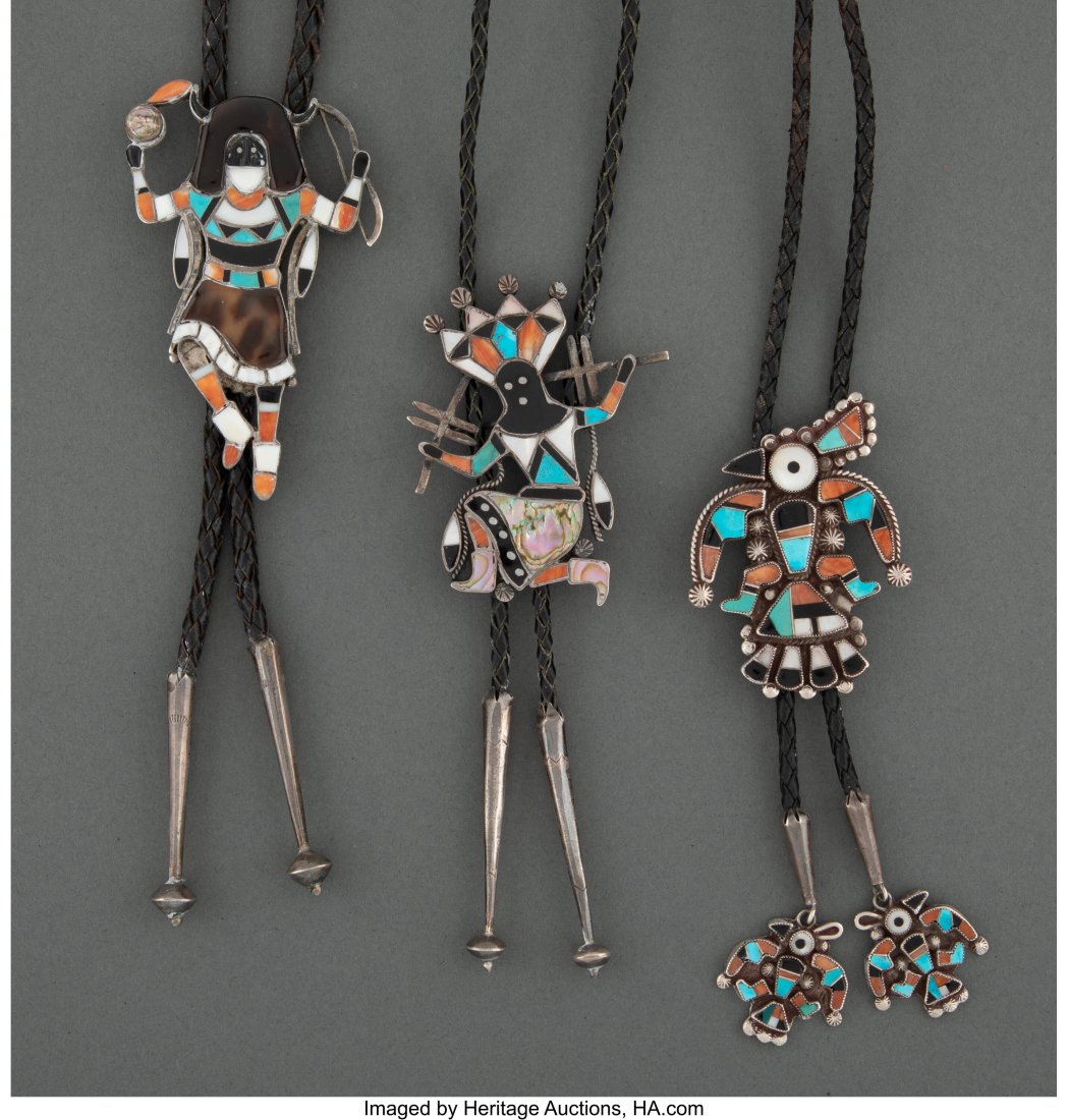 Three Zuni Bolo Ties  c. 1980  silver, turquoise (1 of 2)