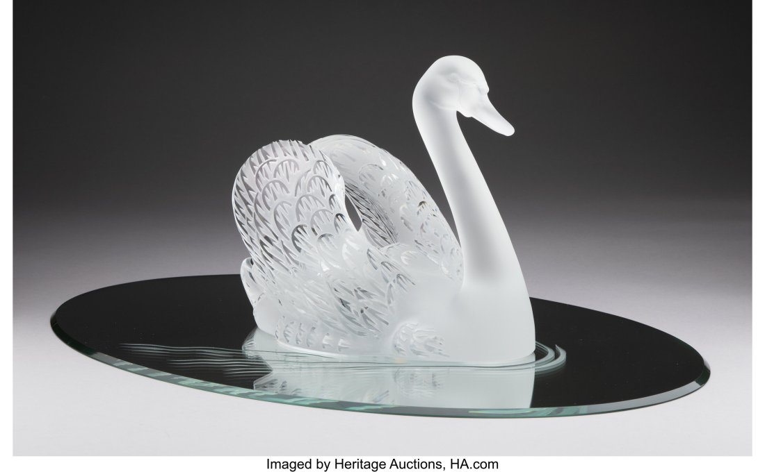 Lalique Clear and Frosted Glass Cygne Tête Penc: Lalique Clear and Frosted Glass Cygne Tête Penchée Swan with Mirror, post-1945 Marks: Lalique, France, 465 9-1/2 x 24-1/2 x 16 inches (24.1 x 6