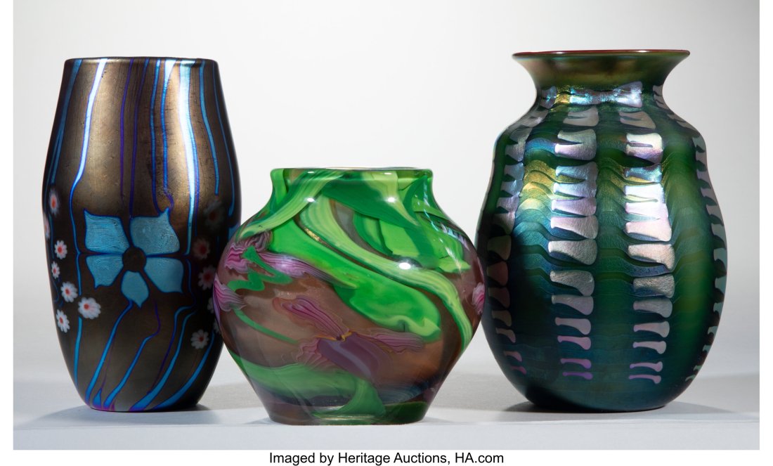 Two Lundberg Studios Blown Glass Vases and One C (1 of 3)