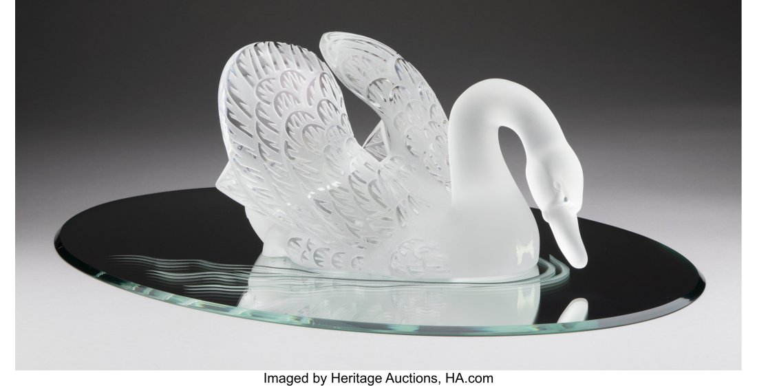 Lalique Clear and Frosted Glass Cygne Tête Droi: Lalique Clear and Frosted Glass Cygne Tête Droite Swan with Mirror, post-1945 Marks: Lalique, France, 500/182 6-1/2 x 24-1/2 x 16 inches (16.5 x 6