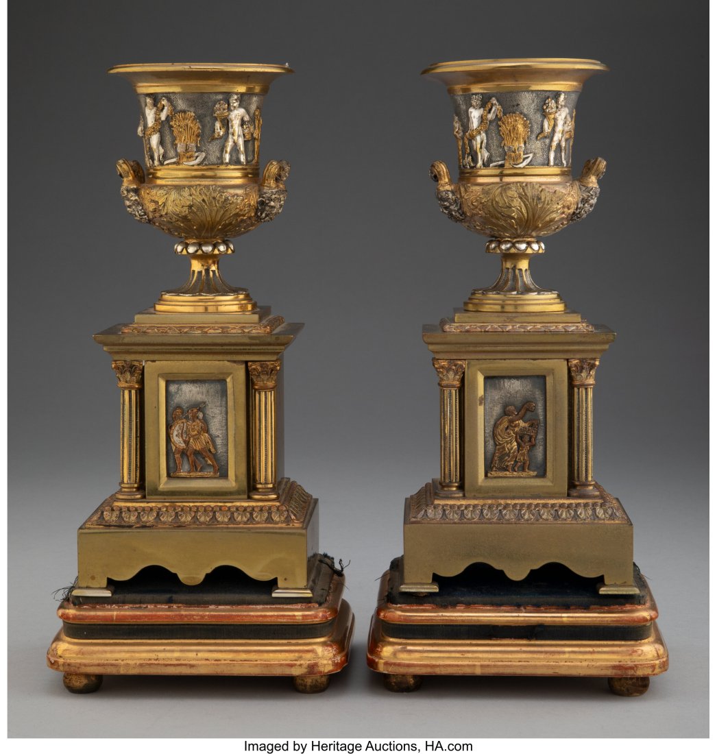 A Pair of Grand Tour Gilt Bronze and Wood-Mounte: A Pair of Grand Tour Gilt Bronze and Wood-Mounted Urns Marks: (DS in oval), 2294 10-5/8 x 5-1/8 x 4-1/8 inches (27.0 x 13.0 x 10.5 cm) 