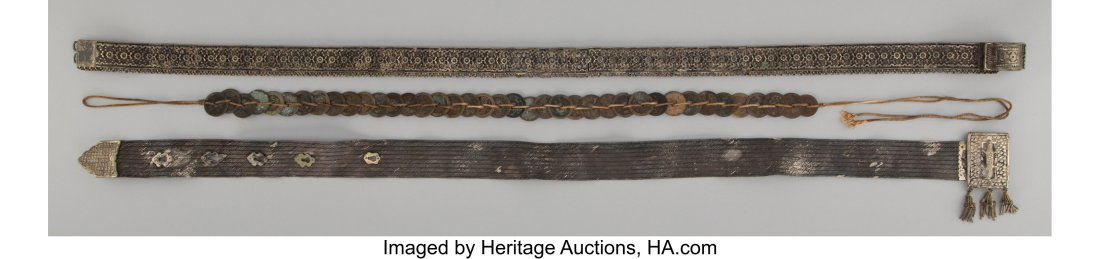 A Collection of Three Metal Belts 1-1/4 x 37 inc: A Collection of Three Metal Belts 1-1/4 x 37 inches (3.2 x 94.0 cm) (longest) 1083 grams (34.8198 troy ounces) (weighable) The collecti