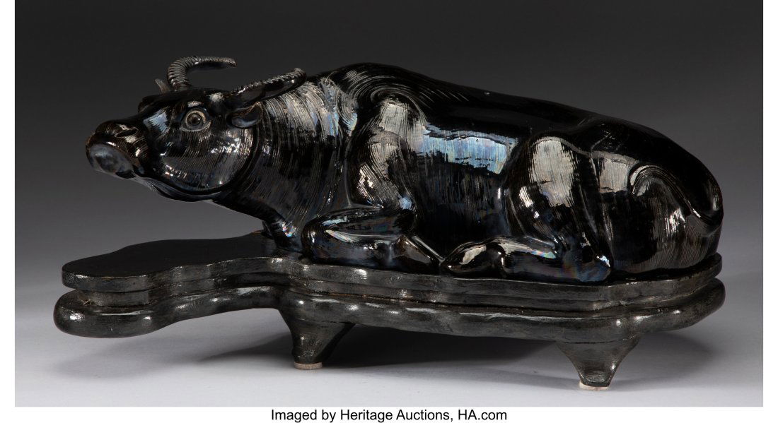 A Chinese Mirror Black Glazed Porcelain Water Buffalo 7 x 22 (1 of 2)