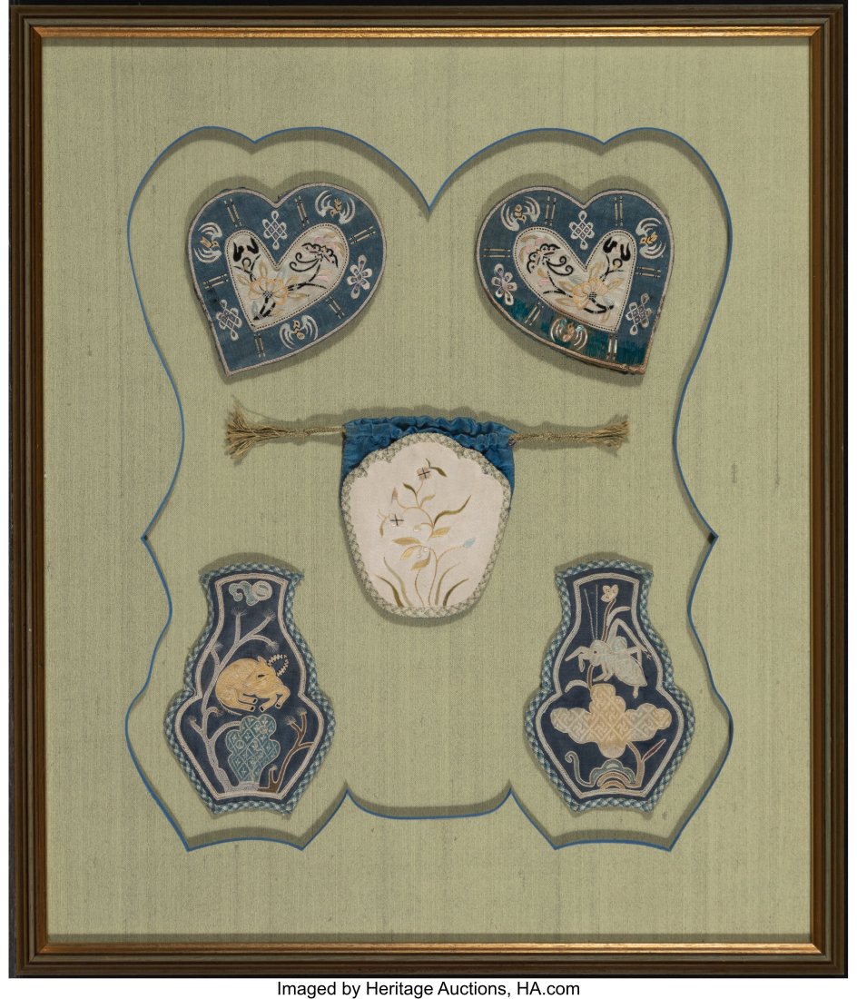 Two Framed Chinese Embroidered Silk Ear Warmers (1 of 2)