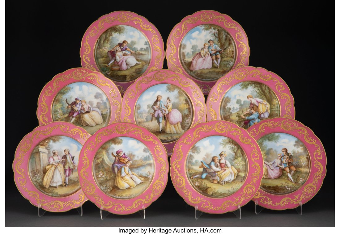 Nine Sèvres-Style Partial Gilt Porcelain Plates: Nine Sèvres-Style Partial Gilt Porcelain Plates, 19th century Signed: L. Bertren Marks: (pseudo-Sèvres mark), T, (various) 0-7&so