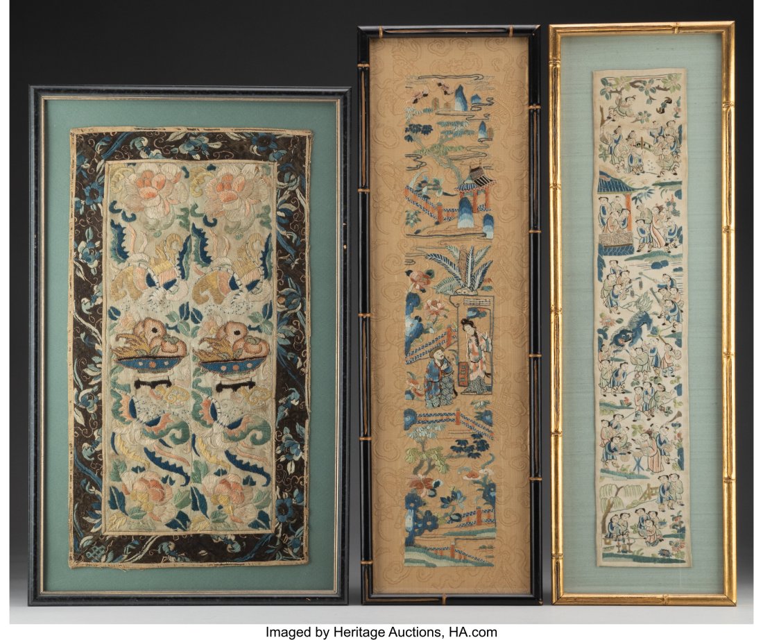 Three Chinese Silk Panels 18 x 9-1/2 inches (45. (1 of 2)