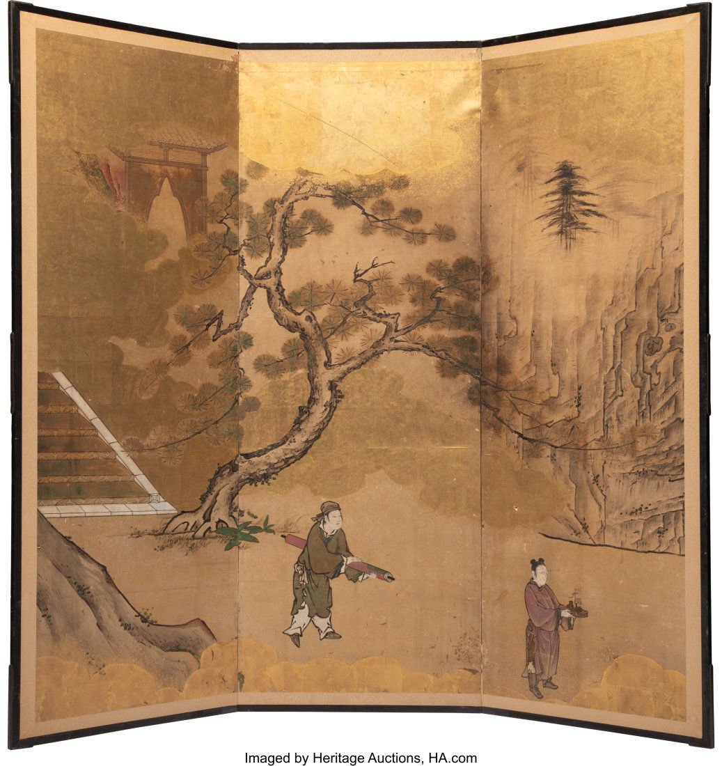 A Japanese Three-Panel Screen 66 x 72 x 0-3/4 in (1 of 2)
