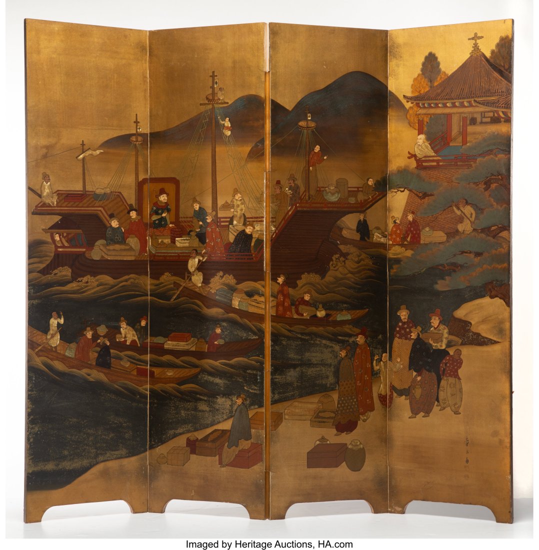 A Japanese Four Panel Lacquered Screen, 20th cen (1 of 2)