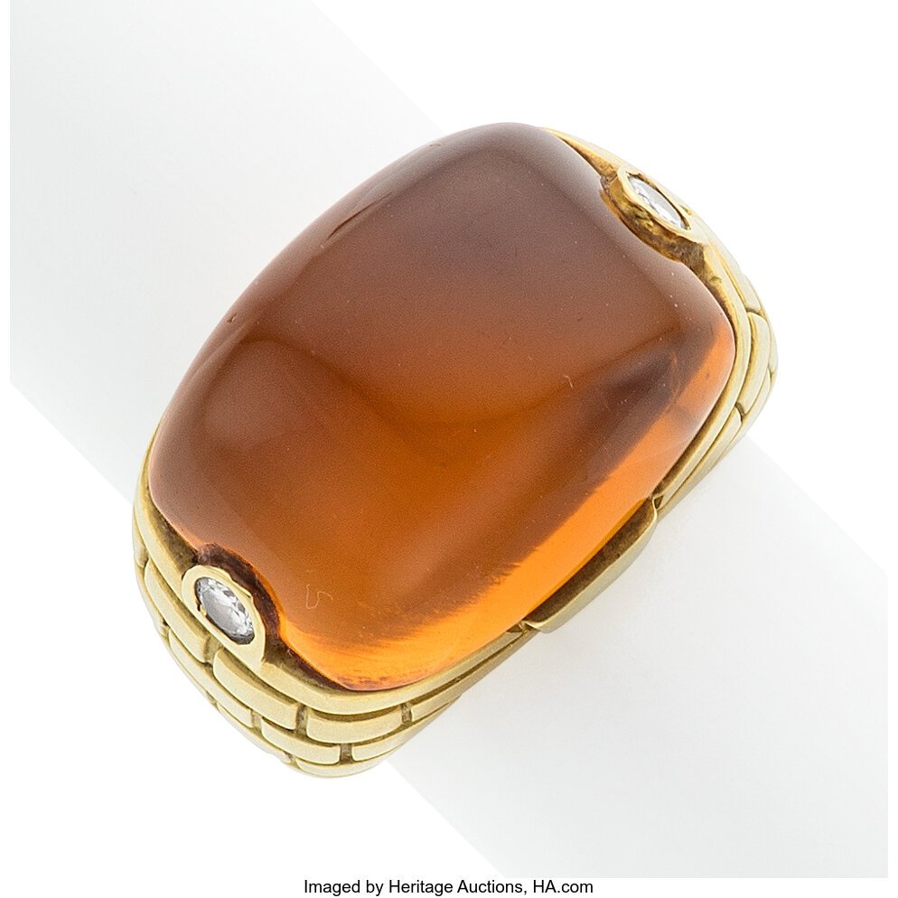 Marlene Stowe Citrine, Diamond, Gold Ring Stone: Marlene Stowe Citrine, Diamond, Gold Ring Stones: Citrine cabochon; full-cut diamonds weighing a total of approximately 0.15 carat Metal: 18k gold Marked: for