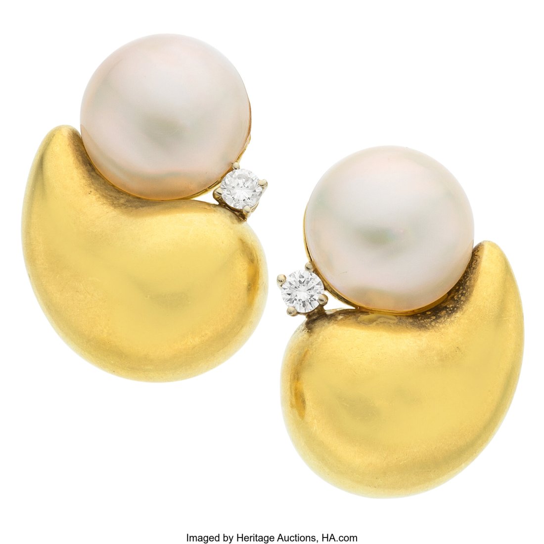 Marlene Stowe Mabe Pearl, Diamond, Gold Earrings: Marlene Stowe Mabe Pearl, Diamond, Gold Earrings Stones: Full-cut diamonds weighing a total of approximately 0.35 carat; carved mother-of-pearl Pearls: Mabe pearls