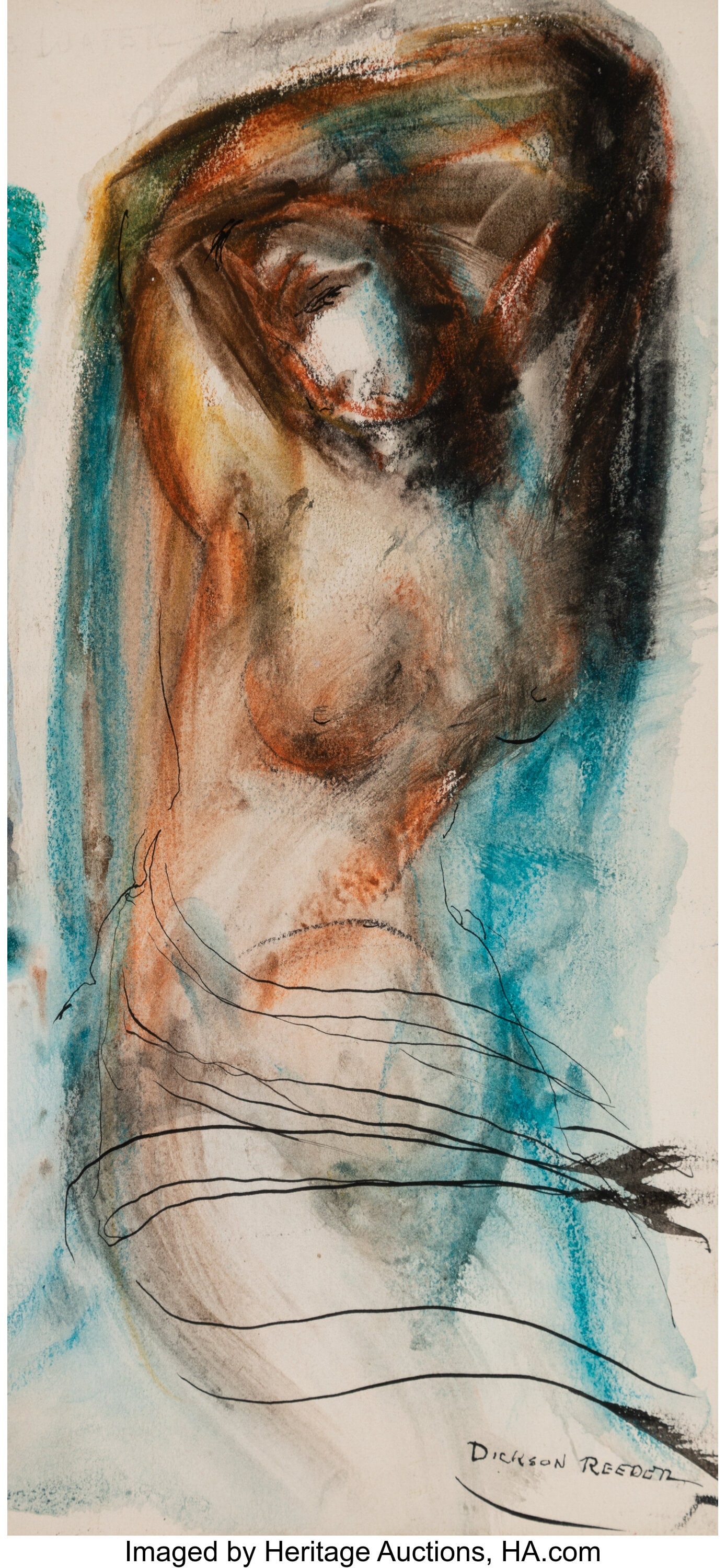 Dickson Reeder (American, 1912-1970) Nude with S: Dickson Reeder (American, 1912-1970) Nude with Seaweed Watercolor and ink on paper 10-1/4 x 4-3/4 inches (26.0 x 12.1 cm) (sheet) Signed lower