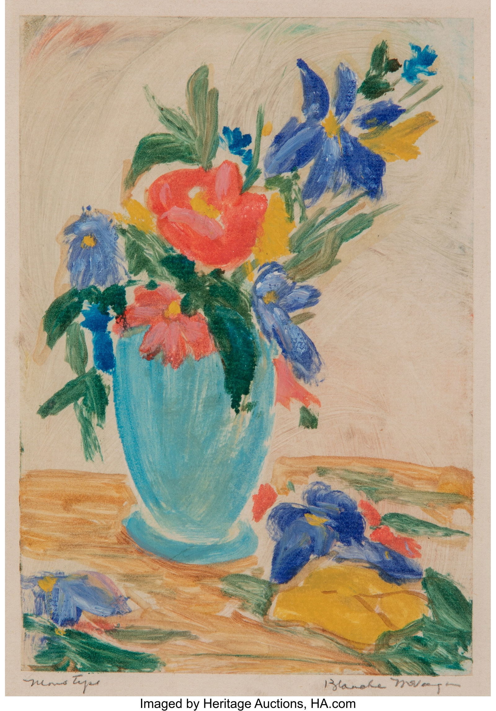 Blanche McVeigh (American, 1895-1970) Floral Sti: Blanche McVeigh (American, 1895-1970) Floral Still Life Monotype in colors on paper 7 x 4-3/4 inches (17.8 x 12.1 cm) (image) Signed and inscribed