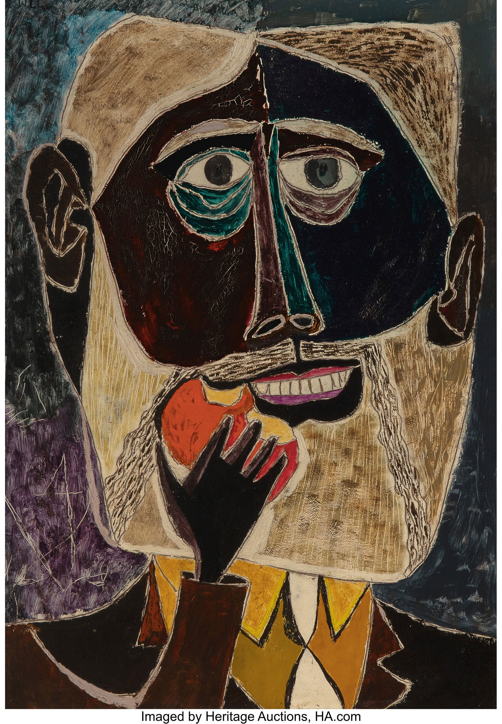 William Lewis Lester (American, 1910-1991) Man E: William Lewis Lester (American, 1910-1991) Man Eating Fruit, 1948 Oil on Masonite 17 x 12 inches (43.2 x 30.5 cm) Signed, dated, and titled on