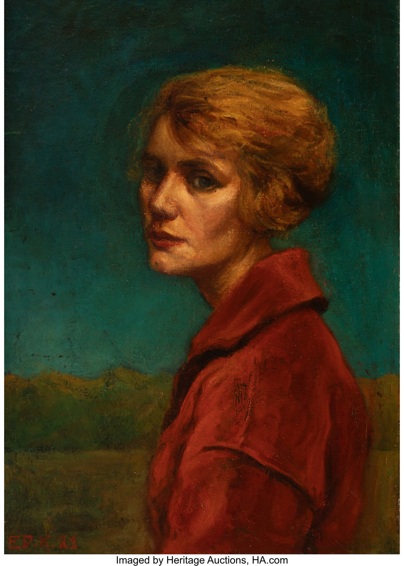 Edmund Daniel Kinzinger (German/American, 1888-1: Edmund Daniel Kinzinger (German/American, 1888-1963) Portrait of Amelia Fuchs, 1922 Oil on canvas laid on board 28 x 20 inches (71.1 x 50.8 cm) Signed