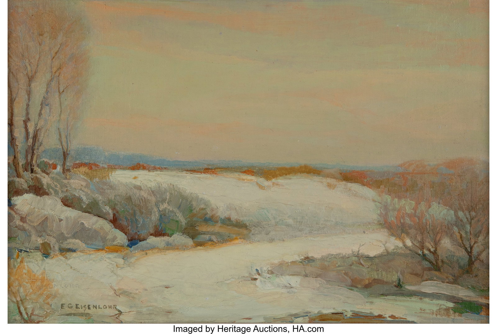 Edward G. Eisenlohr (American, 1872-1961) Snowfa: Edward G. Eisenlohr (American, 1872-1961) Snowfall Oil canvas laid on board 12 x 18 inches (30.5 x 45.7 cm) Signed twice lower left: Eisenlohr &sol