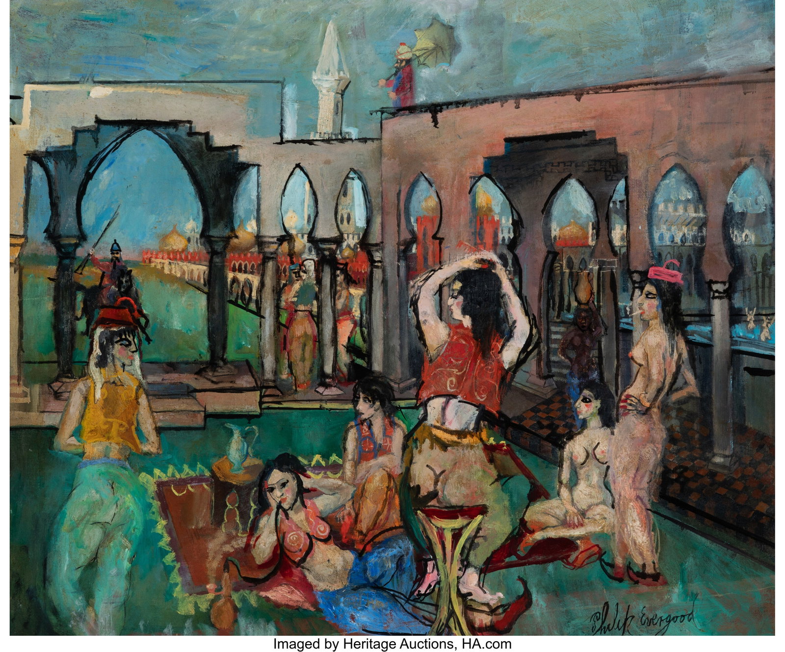 Philip Evergood (American, 1901-1973) Harem Scen: Philip Evergood (American, 1901-1973) Harem Scene Oil on canvas 20 x 24 inches (50.8 x 61.0 cm) Signed lower right: Philip Evergood PROVENANCE: Chri