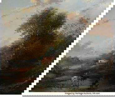 British School (Late 19th/Early 20th Century) La: British School (Late 19th/Early 20th Century) Landscape with figures crossing a stream, a town in the distance Oil on paper laid on canvas 10 x 11-3/4 inches (25.4