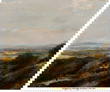 British School (19th Century) Peasants walking i: British School (19th Century) Peasants walking in a hilly landscape, a seaside town in the distance Oil on canvas 20 x 24 inches (50.8 x 61.0 cm) Property