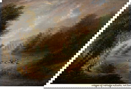 British School (19th Century) Landscape with dee: British School (19th Century) Landscape with deer resting on the castle grounds Oil on canvas 13-1/4 x 19-1/4 inches (33.7 x 48.9 cm) Property from the