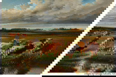 After Louis Robbe (Belgian, 1806-1887) Cows wate: After Louis Robbe (Belgian, 1806-1887) Cows watering in a marsh, overseen by shepherdess and sheepdog Oil on canvas 34 x 50 inches (86.4 x 127 cm) Signed and