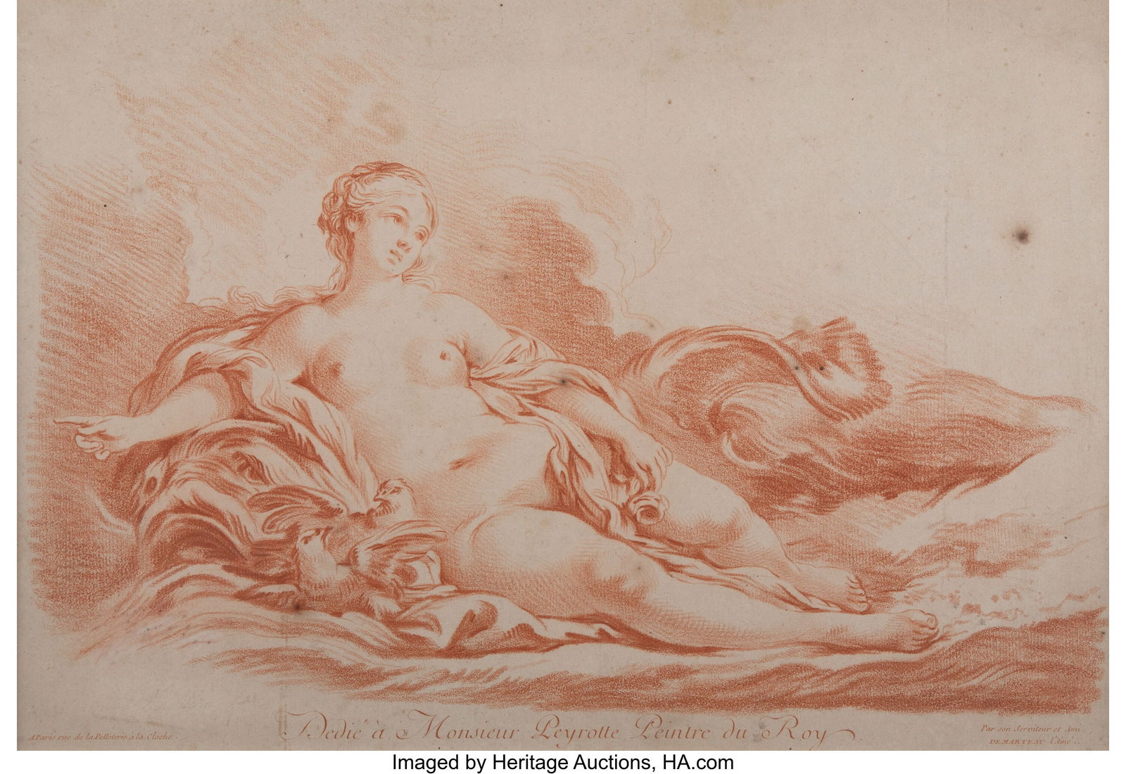 After François Boucher (French, 1703-1770) Venu: After François Boucher (French, 1703-1770) Venus reclining on a dolphin Engraving on paper 11 x 16 inches (27.9 x 40.6 cm) (sight) Engraved by